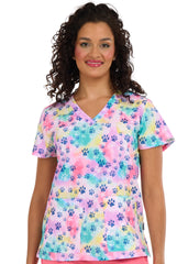 Stretch Damen Kasack mit pink-türkisem Tierpfoten-Motiv, zwei Hüfttaschen & V-Ausschnitt.