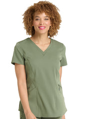 Stretch Damen Kasack in Olivenfarbe mit drei Hüfttaschen & V-Ausschnitt.