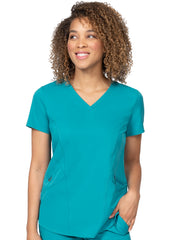 Stretch Damen Kasack in Petrolfarbe, mit drei Hüfttaschen & V-Ausschnitt.