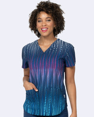 Damen Kasack mit blau-pinkem Punkte-Muster,zwei Hüfttaschen & V-Ausschnitt.