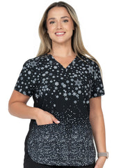 Schwarzes Schneeflocken Motiv Damen Stretch Kasack getragen von einem Model