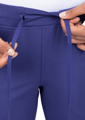 Nahaufnahme Bund, lila Stretch Damen Berufshose.