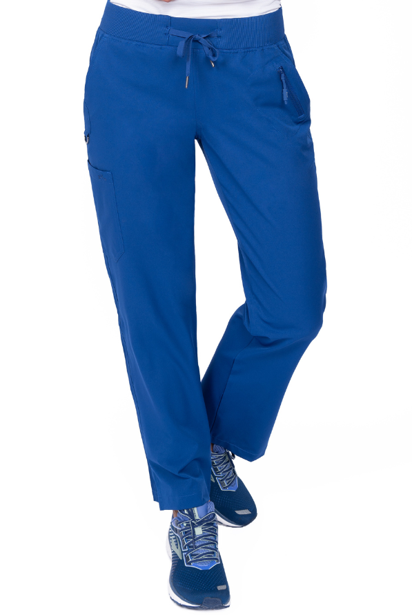Blaue Stretch Damen Berufshose für die Pflege mit 5 Taschen und Bund.
