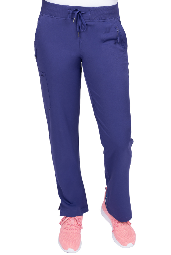 Lila Stretch Damen Hose für die Pflege mit 5 Taschen und Bund.