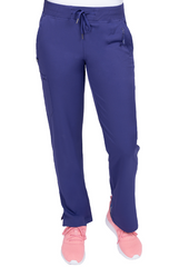Lila Stretch Damen Hose für die Pflege mit 5 Taschen und Bund.