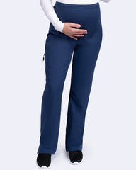 Vorderansicht, Marineblaue Stretch Umstandshose für die Pflege, dre Taschen.