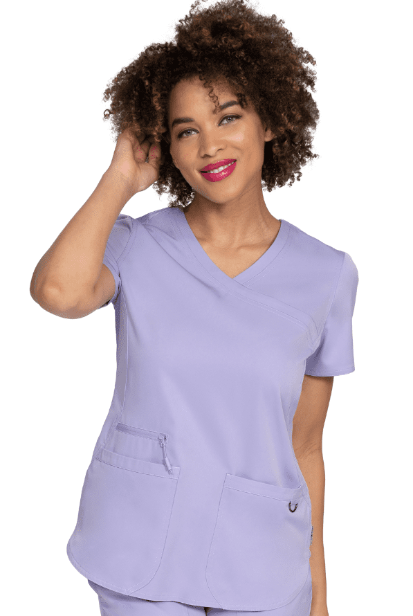 Lavendel 3 Taschen Damen Stretch Kasack getragen von einem Model