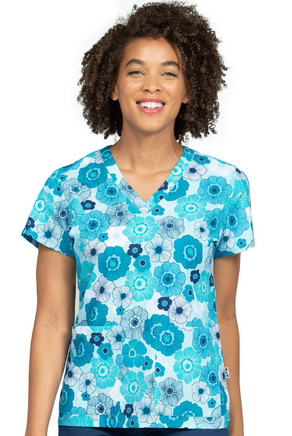 Türkiser Blumen Motiv Damen Stretch Kasack getragen von einem Model