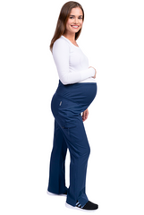 Marineblaue Stretch Damen Umstandshose für die Pflege mit drei Taschen.