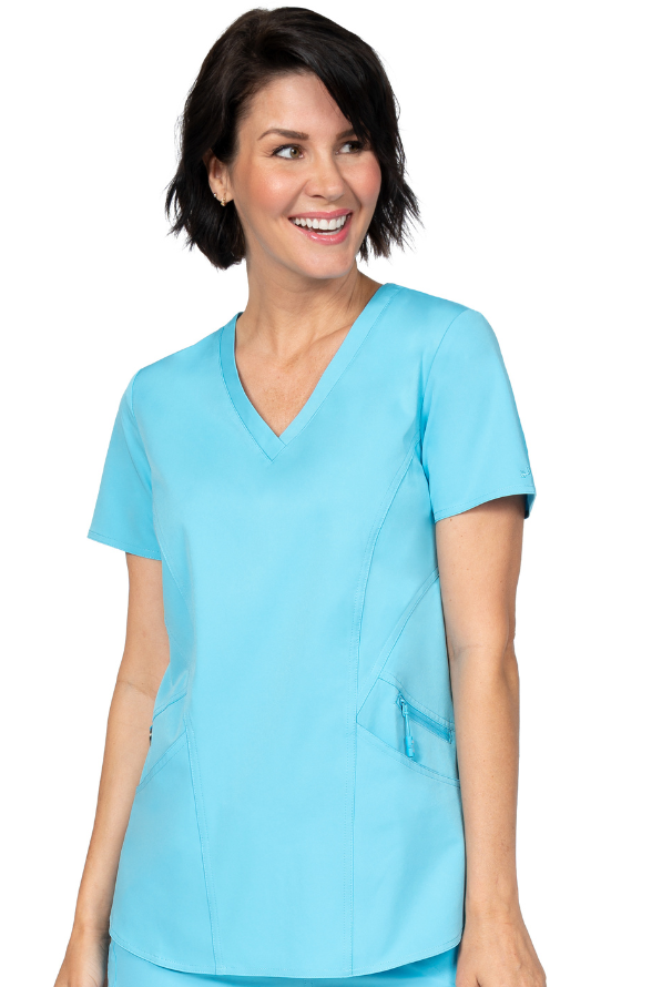 Türkiser Stretch Damen Kasack, drei Hüfttaschen & V-Ausschnitt.