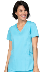 Türkiser Stretch Damen Kasack, drei Hüfttaschen & V-Ausschnitt.