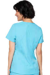 Hinteransicht, türkiser Stretch-Damen-Kasack.