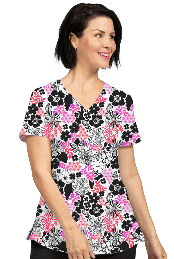 Pink, grau, schwarzer  Blumen Motiv Stretch Damen Kasack