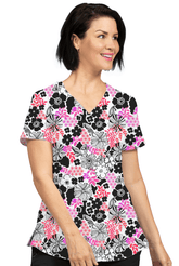 Pink, grau, schwarzer Blumen Motiv Stretch Damen Kasack
