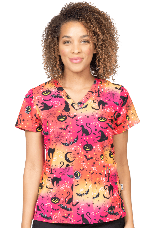 Halloween Kürbis Fledermaus Katzen Motiv Damen Stretch Kasack