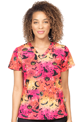 Halloween Kürbis Fledermaus Katzen Motiv Damen Stretch Kasack