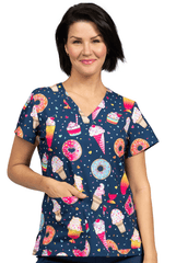 Stretch Damen Schlupfkasack mit blau-pinkem Süßigkeitenmotiv,zwei Hüfttaschen & V-Ausschnitt.