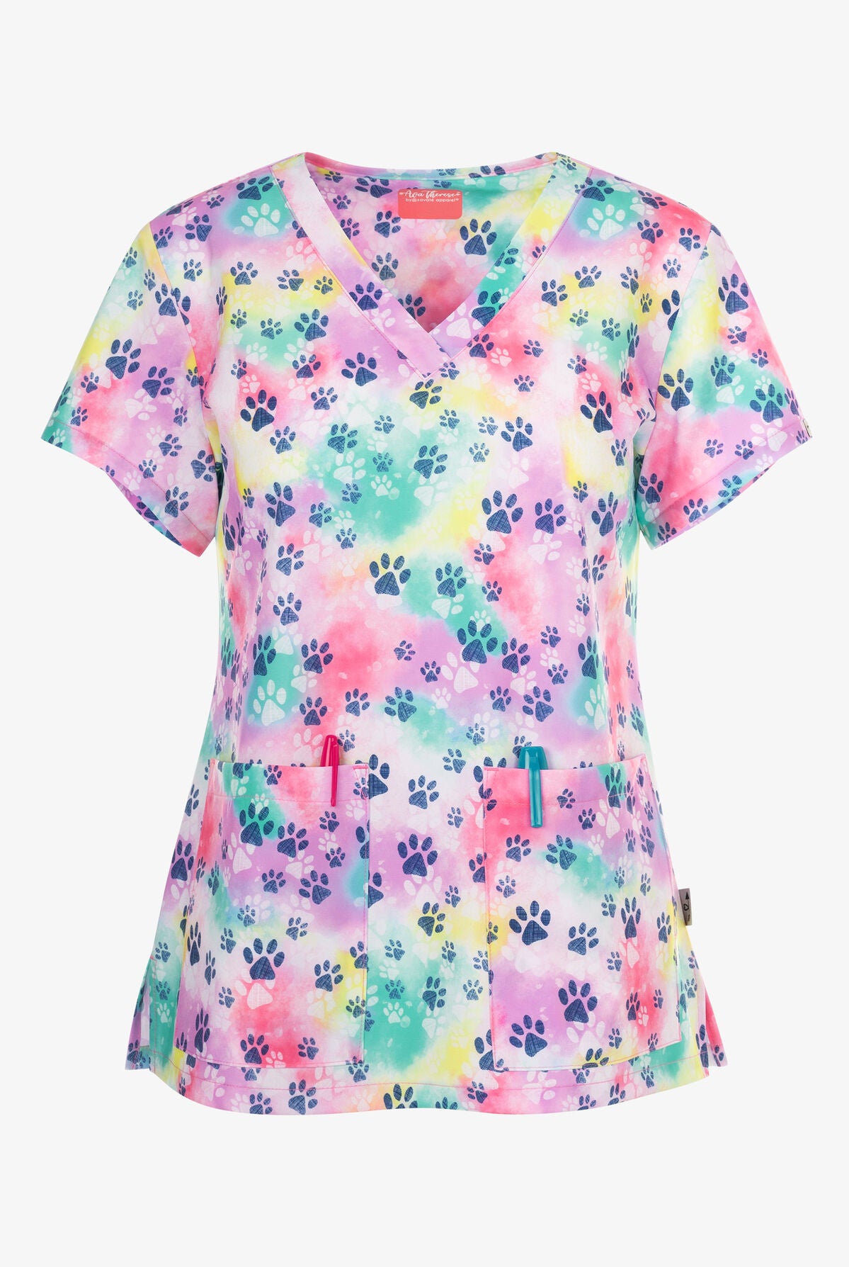 Stretch Damen Kasack mit pink-türkisem Tierpfoten-Motiv, zwei Hüfttaschen & V-Ausschnitt.