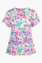 Stretch Damen Kasack mit pink-türkisem Tierpfoten-Motiv, zwei Hüfttaschen & V-Ausschnitt.