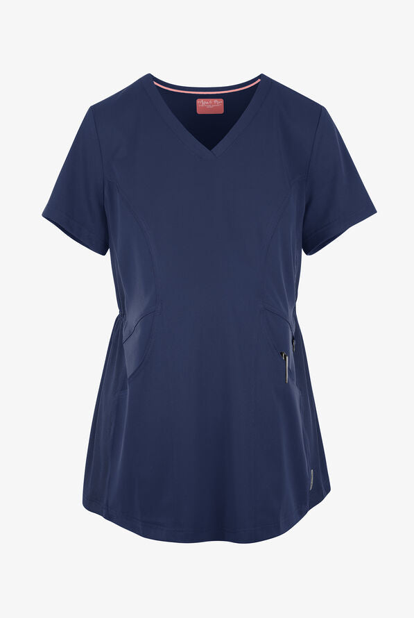 Marineblauer Stretch Umstandskasack für Damen, zwei Hüfttaschen & V-Ausschnitt.