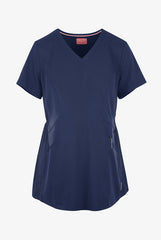 Marineblauer Stretch Umstandskasack für Damen, zwei Hüfttaschen & V-Ausschnitt.