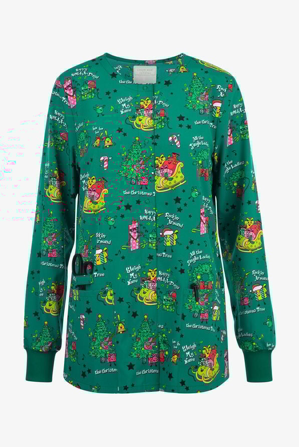 Stretch Damen Kasack-Jacke (Langarm) in grün mit Weihnatschmotiv (Baum & Schlitten), zwei Hüftaschen und Scherenhalter.