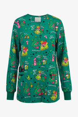 Stretch Damen Kasack-Jacke (Langarm) in grün mit Weihnatschmotiv (Baum & Schlitten), zwei Hüftaschen und Scherenhalter.