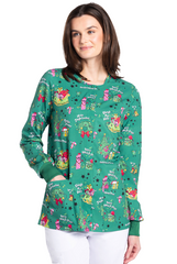 Stretch Damen Kasack-Jacke (Langarm) in grün mit Weihnatschmotiv (Baum & Schlitten), zwei Hüftaschen und Scherenhalter.