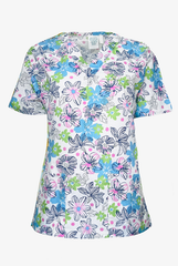 Damen Kasack in weiß, mit blau-grünen Blumenmotiv, zwei Hüfttaschen & V-Ausschnitt.