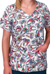 Weißer Damen-Kasack mit bunten Zähnen als Paisly-Print, mit zwei Hüfttaschen & V-Ausschnitt.
