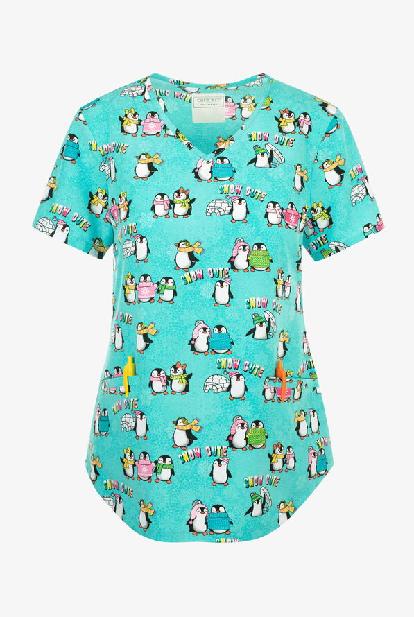 Türkiser Stretch Damen Kasack mit Pinguin-Motiv. Zwei Hüfttaschen & V-Ausschnitt.