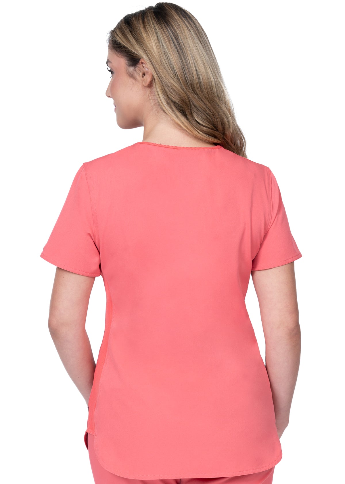 Coral farbiger 3 Taschen Stretch Damen Kasack Model Rückenansicht