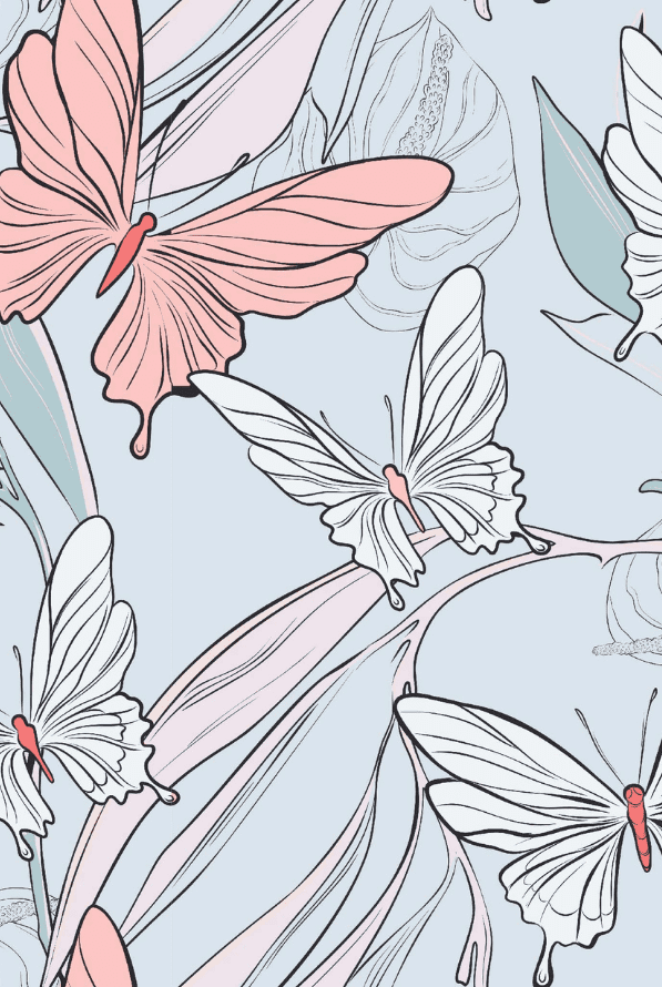 Rosa Schmetterlings Motive auf hellblauem Hintergrund 