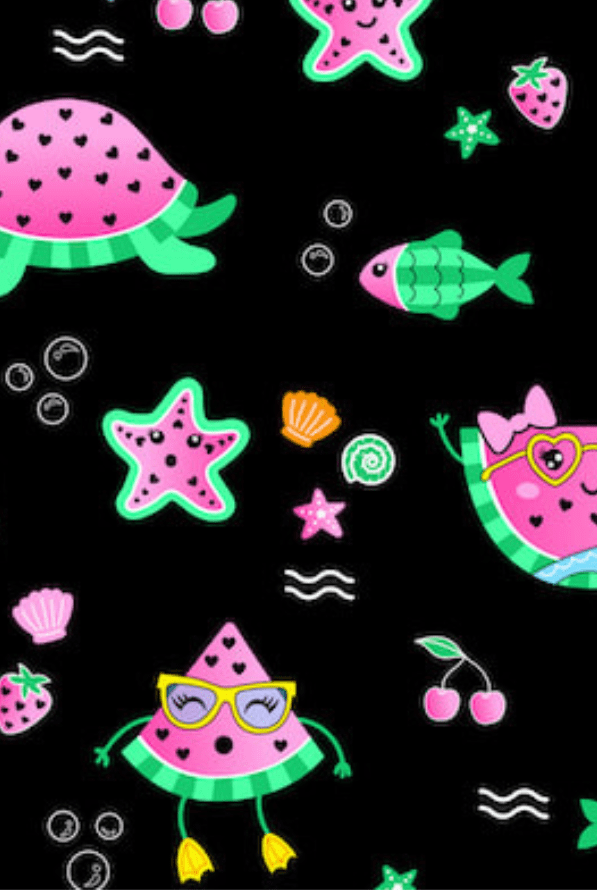 Wassermelonen, Fische und Schildkröten Motive auf schwarzem Hintergrund 