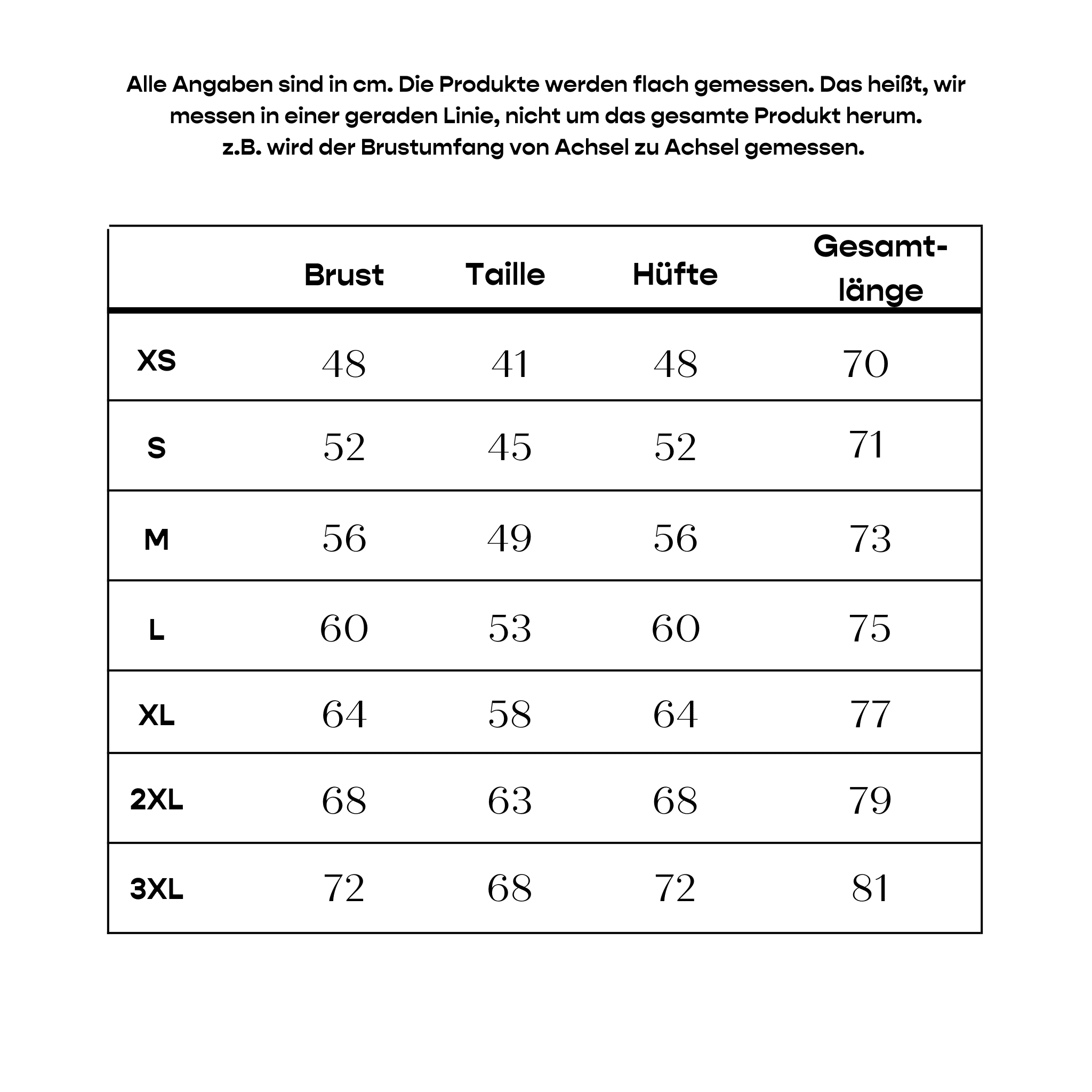 Größentabelle Vital Vibez Damen Kasack bis Größe 3XL 