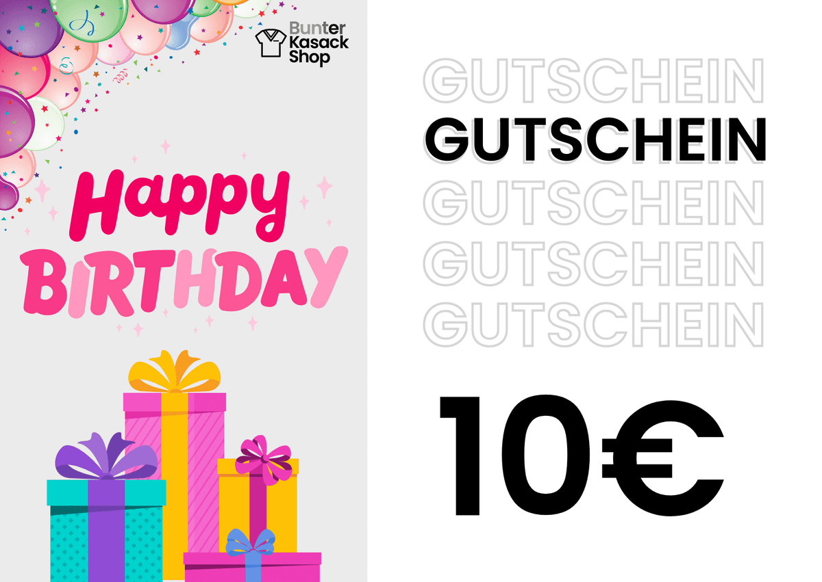 Bunter Kasack Shop Geburtstag Gutschein 10€